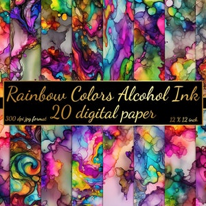 Paquete de papel digital con tinta de alcohol en colores del arco iris, 20 diseños de fondo con textura abstracta, paquete de imágenes prediseñadas digitales, descarga digital.