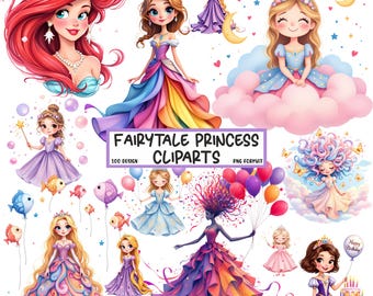 Puede incluir: Un conjunto de clipart digital con princesas de cuento de hadas en varias poses y atuendos. Las princesas se representan con vestidos coloridos, coronas y elementos mágicos. El clipart es perfecto para crear invitaciones, decoraciones de fiesta y otros proyectos creativos.