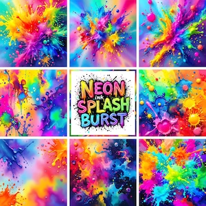 Peut inclure: Une collection de neuf œuvres d'art abstraites vibrantes présentant des éclaboussures et des explosions d'encre néon. La palette de couleurs comprend des teintes vives de rose, de jaune, de bleu et de vert. Une image affiche le texte "NEON ink SPLASH BURST".