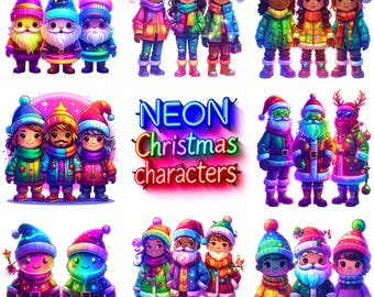 Neon Christmas Characters Clipart | Kawaii Xmas PNG Bundle (Digital Download)
