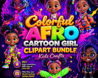Paquete de imágenes prediseñadas de chicas afro de dibujos animados, manualidades para niños (descarga digital)