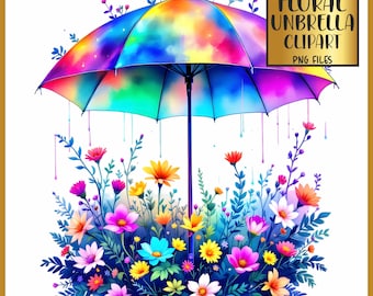 Akwarelowy obrazek z kwiatowym parasolem: ponad 100 wiosennych plików PNG (do pobrania cyfrowego)