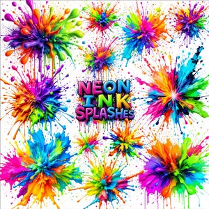 May include: A digital artwork showcasing multiple neon ink splashes in a variety of colours, such as pink, orange, green, blue, and purple, set against a white backdrop. The text "NEON INK SPLASHES" is centrally displayed. The image is a vibrant explosion of colour.