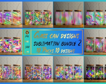 May include: A set of 10 glass can designs for sublimation. The designs feature colorful, abstract patterns in shades of pink, blue, green, and yellow. The designs are perfect for creating unique and personalized glass can designs.
