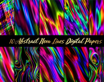 Abstract Neon Lines Background Digital Papers,Glowing Rainbow Color Lines,Digital Clipart Papers,Digital Downloads