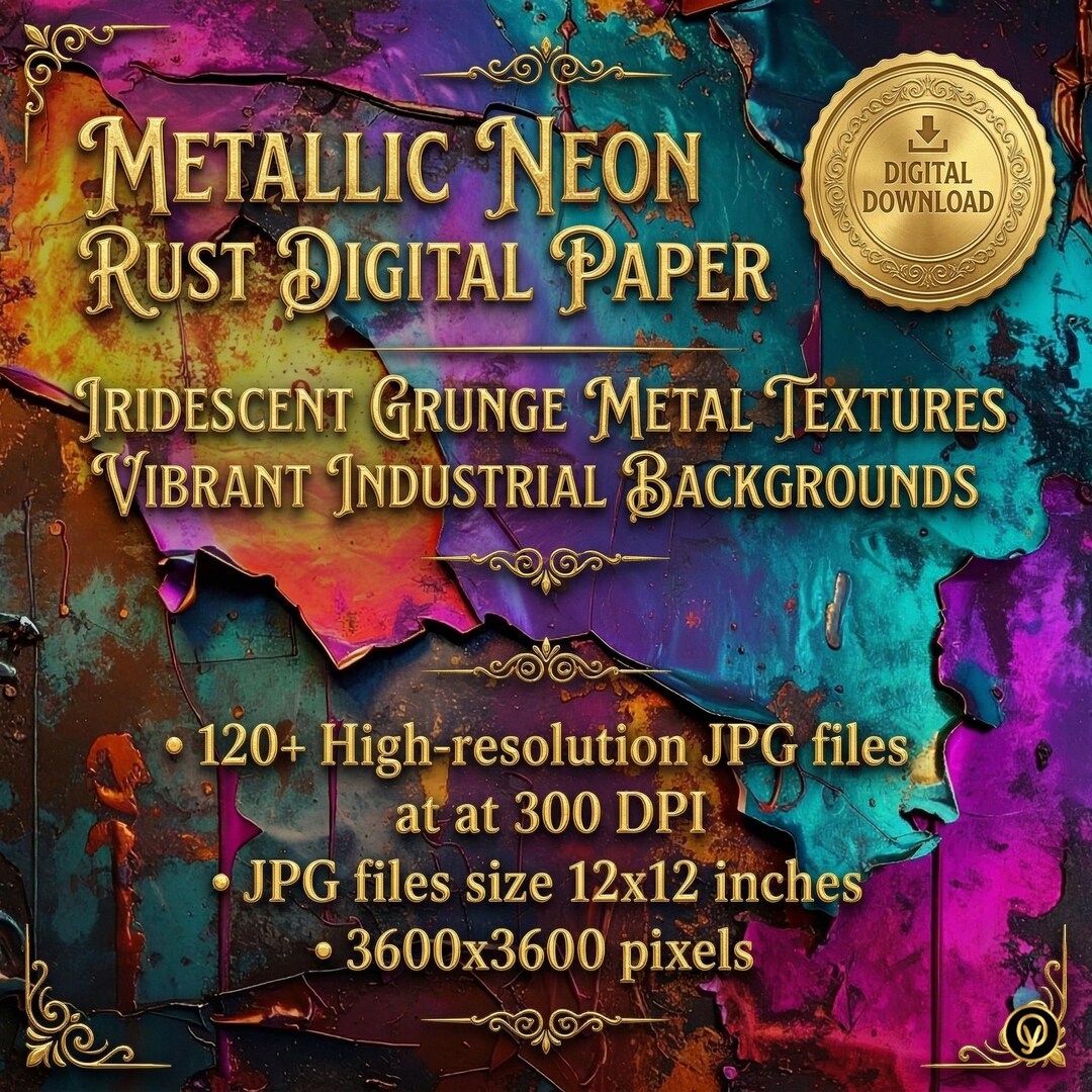 Metallic Neon Rust Digital Paper Pack, Iridescent Grunge Metal Textures ...