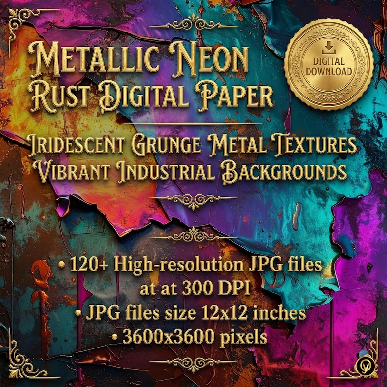 Color Neon Rust Metallic Neon Rust Digital Paper Pack, Iridescent Grunge Metal Textures ...