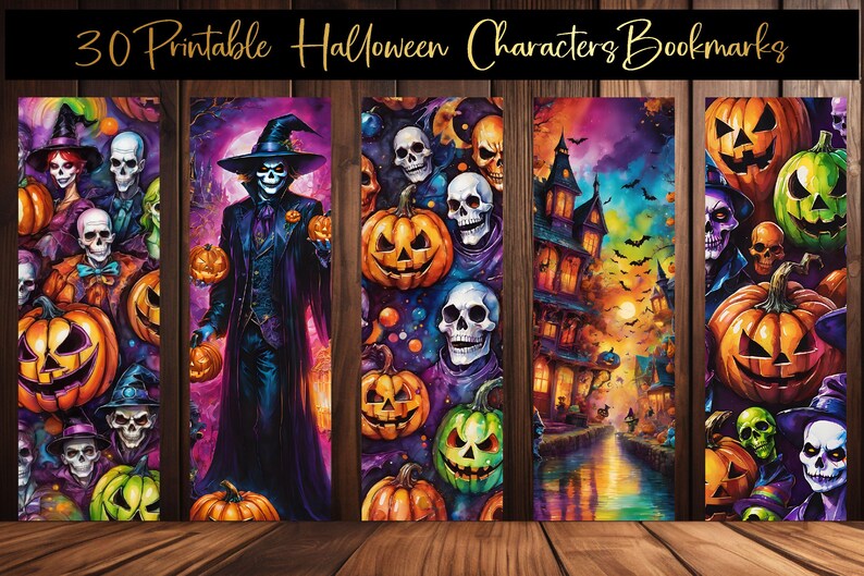 Puede incluir: Conjunto de 30 dise&ntilde;os de marcap&aacute;ginas de Halloween imprimibles con personajes espeluznantes, calabazas y una casa encantada. Los marcap&aacute;ginas est&aacute;n en formato vertical y presentan una variedad de ilustraciones coloridas.