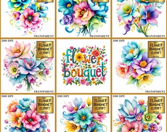 Akvarell blombukett Clipart-paket: 100+ blommiga PNG-grafik (digital nedladdning)