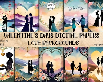 Watercolor Valentine's Day Digital Paper, Romantic Backgrounds (Digital Download)