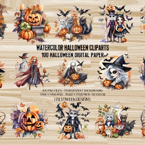 Watercolor Halloween Clipart Set: Spooky Skulls, Witches, Pumpkins (PNG Digital Download)