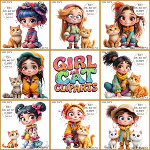 100+ Cute Girl and Cat Clipart Bundle, Whimsical Girl with Kitten Graphics, Kawaii Girl and Pet Clipart Pack, Cartoon Style Girl and Cat