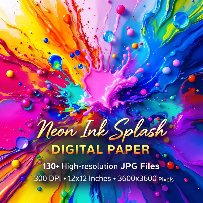 Neon Ink Splash Digital Paper: Colorful Abstract Backgrounds (130 ...