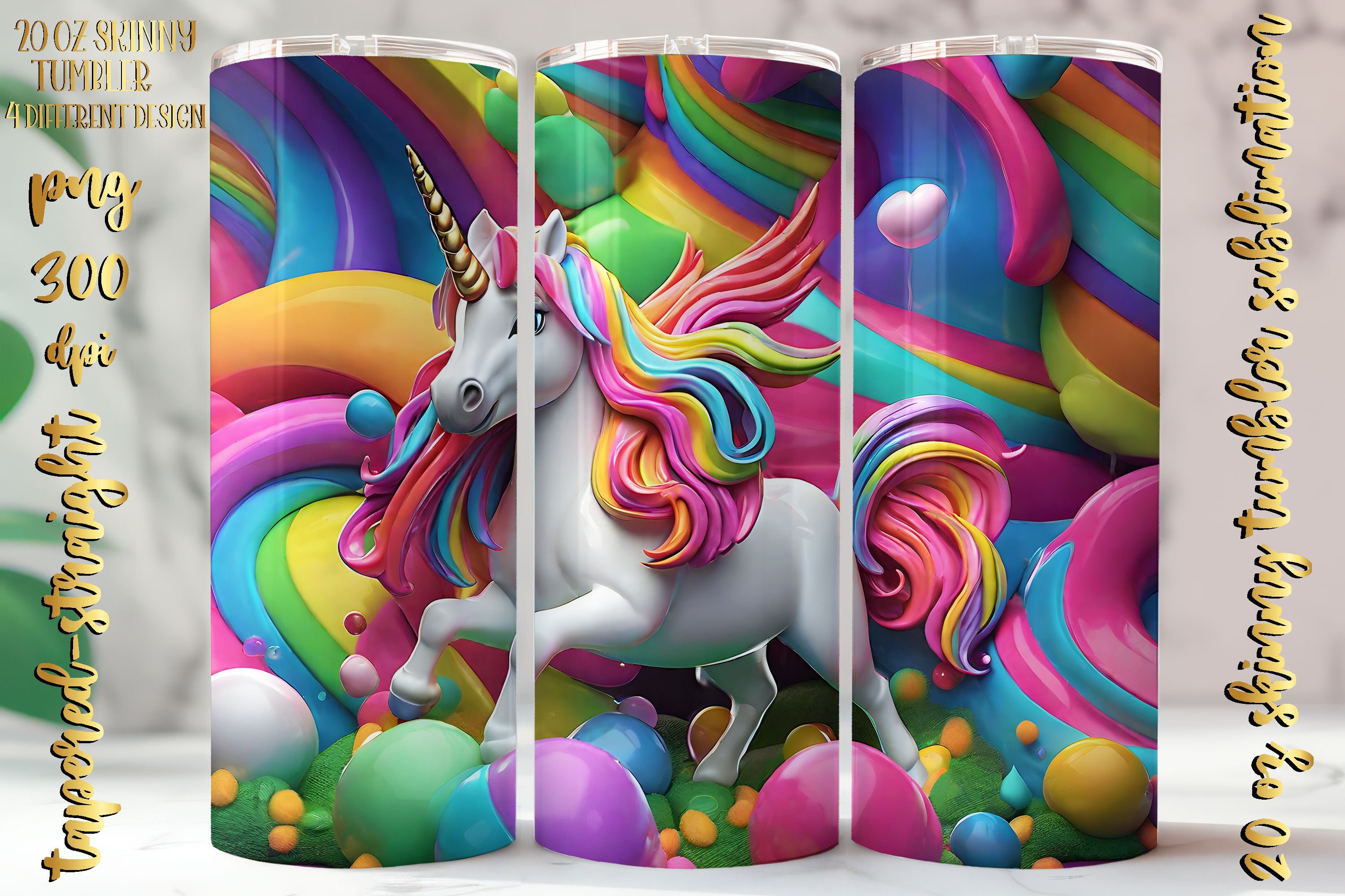 3D Neon Colors Unicorn Design 20 Oz Skinny Tumbler Wraps Png, Cute ...
