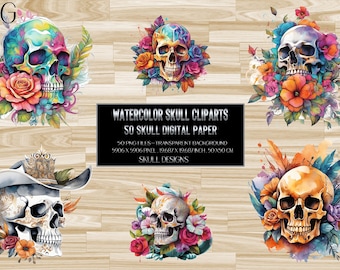 50 Watercolor Skull Clipart: Floral Skull PNG (Digital Download)