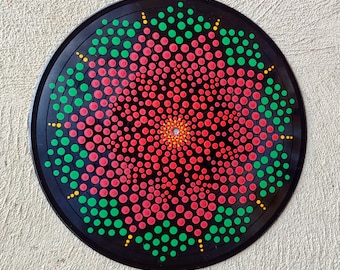 Poinsettia Design: Acrylic Painted Dot Art Vinyl Record