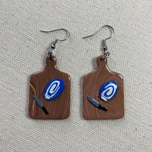 Blue skies and fluffy white clouds chopping board earrings