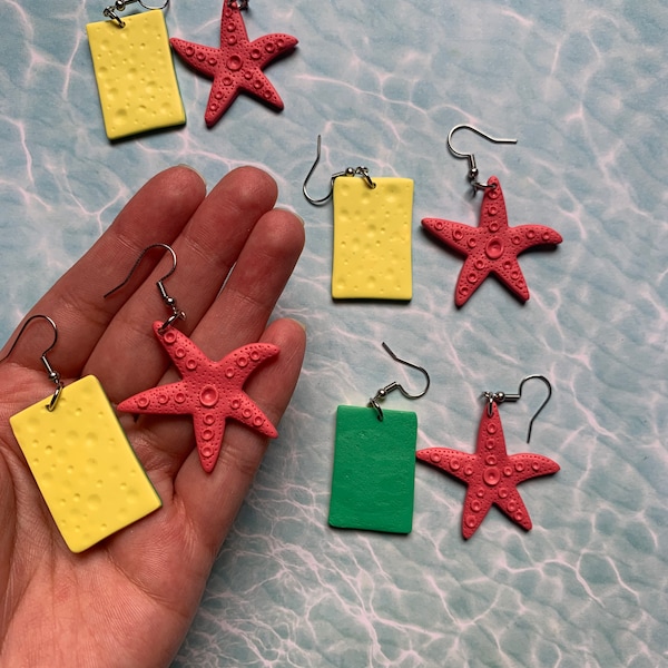 Realistic Spongebob Squarepants and Patrick Star polymer clay earrings