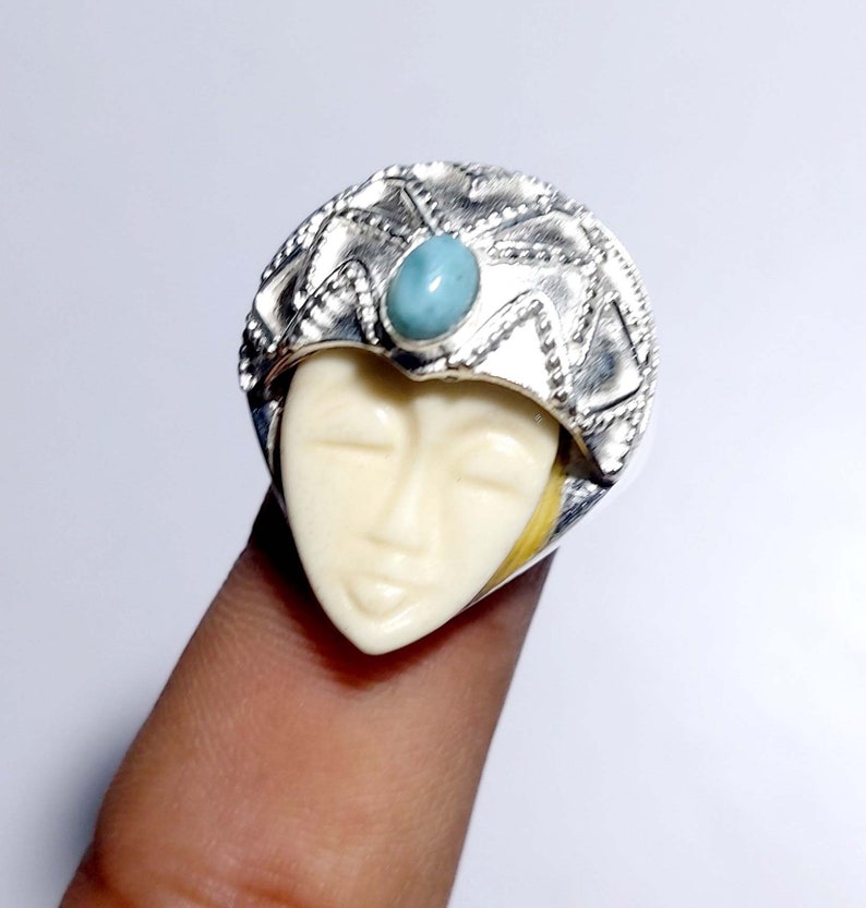 Carved face With Larimr Handmade 925 Silver Plated Valentine/'s Day Gifts Ring Ring size 9.5