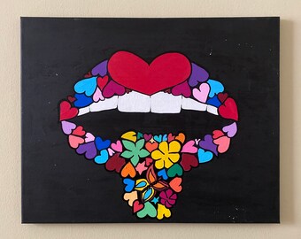 Wall Art • Unframed Acrylic Painting • Majestic Lips on Black Canvas • Colorful Painting / Modern Art