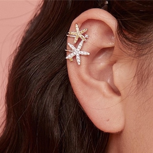 Tapón de oreja de flor, manguito de oreja de plata esterlina, manguito de cartílago sin perforación, pendiente de clip en la flor, aretes de pavimento, manguito de oreja delicado, regalo para ella