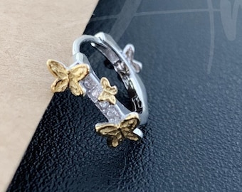 Sterling Silver Butterfly Small Hoop Huggie Earrings,Two Tone Earrings for Women,Wedding Birthday Christmas Gift