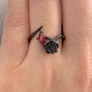 Black Flower Ring with Red Cubic zirconia,Sterling Silver Rose Ring for Women,Adjustable Warp Ring,Valentine&#39;s Day Birthday Gift For Her