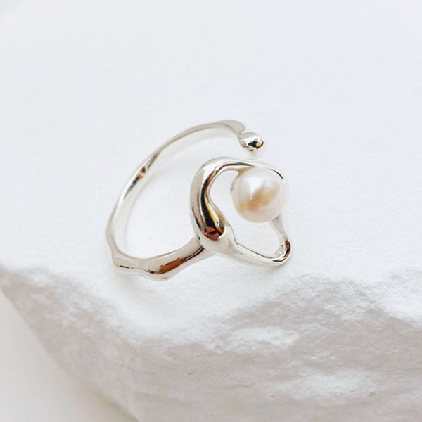 Sterling Silver Pearl Ring,Opne Ring,Stackable Oval Ring,Bridal Ring,Wedding Ring,Bridesmaid Gift,Bridal Party Gift,Freshwater Pearl Ring