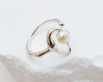 Sterling Silver Pearl Ring,Opne Ring,Stackable Oval Ring,Bridal Ring,Wedding Ring,Bridesmaid Gift,Bridal Party Gift,Freshwater Pearl Ring