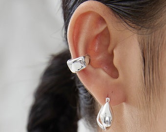 Non Piercing Thick Silver Ear Cuff, Chunky  hoop earring，Silver Conch Earring,Minimalist ear cuff,Hammered Silver Earrings for Men