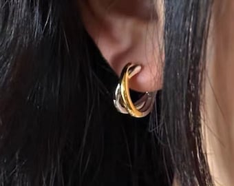 Pendientes de aro de dos tonos para mujer, pendiente de metal mixto de aros dobles, aro de oro con plata de ley 925, joyería geométrica, pendientes modernos