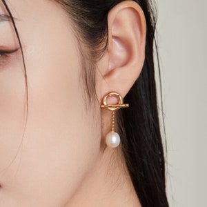 Bar Circle EarJacket, Pearl Dangle Earrings, Minimalist Stud Earrings, Dainty Pearl Earrings,Front Back Earrings ,Bridesmaid Earrings