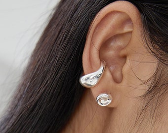 Abstract Lobe Ear Cuff,Chunky Sterling Silver Ear Cuff Non Piercing,Tear Drop Hoop Earring,Minimalist Cartilage Cuff,925 Silver Wrap Earring