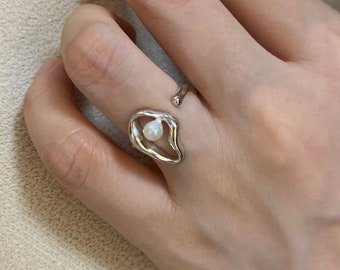 Sterling Silver Pearl Ring,Opne Ring,Stackable Oval Ring,Bridal Ring,Wedding Ring,Bridesmaid Gift,Bridal Party Gift,Freshwater Pearl Ring
