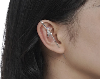 Opal Ear Pin Earring, Ear Crawler Hook Earrings, Sterling Silver Ear Pin,Piercing Climber Cartilage,Edgy Pin Hook Ear Cuff, Gift for her