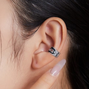 Black Enamel Ear Cuff,Sterling Silver Ear Cuffs,Chunky Ear Cuff Non Piercing,Cartilage Cuff, Enamel Hoop Earring,Single Ear Cuff Earring