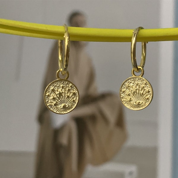 Gold Huggie Hoop Dangle Earring,Geometric Round Coin Medalion Drop Earrings,Minimalist Star Earrings In Sterling Silver,Gifts For Her