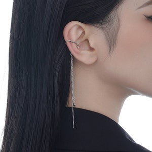 Ear Cuff With Long Chain , Sterling Silver Ear Cuff No Piercing,Unique Earring Cuff, Ear Jacket for Women,Fake Ear Cuff,Cartilage Ear Cuffs