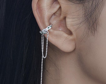 Sterling Silver Dangle Ear Cuff With Chain,Green CZ Ear Cuff No Piercing,Unique Earring Cuff for Women,Cartilage Ear Cuffs,Christmas Gift