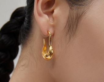 Chunky U shape hoop earrings,sterling silver open earrings,gold basket hoop earring,thick Gold earring,unique gift to her,earrings for women