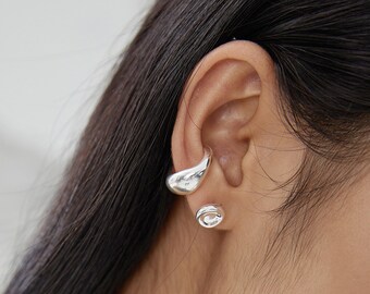 Abstract Lobe Ear Cuff,Chunky Sterling Silver Ear Cuff Non Piercing,Tear Drop Hoop Earring,Minimalist Cartilage Cuff,925 Silver Wrap Earring