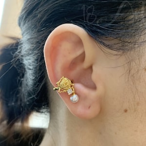 Rose Flower Ear Cuff no piercing, Pear Drop Cuff Earrings with Sterling Silver ,Gold Vermeil Cuff Earrings,Cartilage earrings,Gift for Her