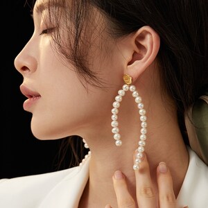 Statement Pearl Dangle Drop Earrings,Evil Eye Earrings，Sterling Silver Gold Plated,Long Bridal Earrings for Women,Wedding gift for her