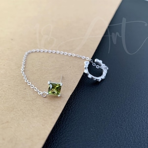 Sterling Silver Chain  Ear Cuff with  Peridot ,Chain Studs Earring ,Ear Climber Earrings,Hammered Ear Cuffs, Silver Ear Wrap,Gift for her