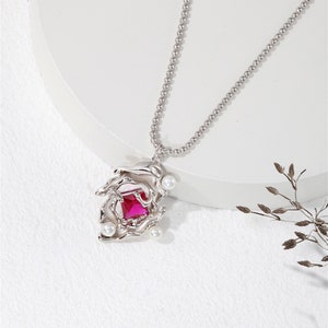 Abstract Pendant Necklace with Pearl ,Sterling Silver Pink CZ Necklace,Irregular Necklace For Women,Melting Liquid Design Necklace,Gift