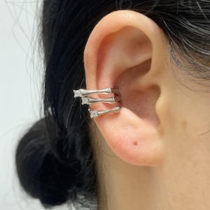 Sterling Silver Skeleton Hand Ear Cuff with CZ, Triple Band Gold Ear Cuff ,No Piercing Ear Cuff,Cartilage Earrings  for Men Women,Unique