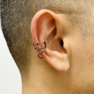 Abstract Cat Ear Cuff No Piercing,Black Ear Wrap,Silver Ear Cuffs for Men,Gift for Him,Simple cartilage Hoop Earrings,Conch Cuff Earrings
