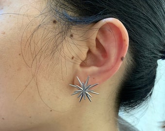 May include: Silver starburst earrings with a geometric design.