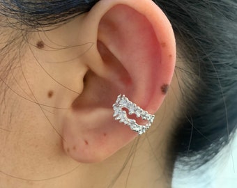 Double HoopEar Cuff ,Sterling Silve Ear Wrap , Ear Cuffs Fake Piercing, Hammered texture earrings,Unique ear cuffs for women,conch cuff