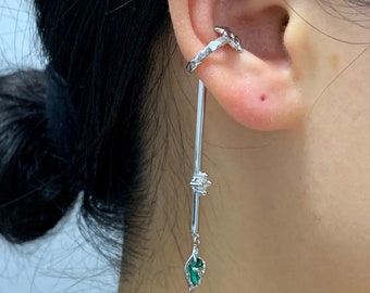 Abstract Ear Cuff Dangle Green CZ ,Ear Cuffs  No Piercing,Wrap Cuff Earrings for Women,Conch Drop Ear Cuffs,Valentine's Birthday Gift